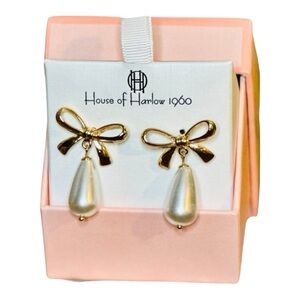 House Of Harlow 1960 Bow Glass Pearl Dangle Earrings Push Back - New In Box